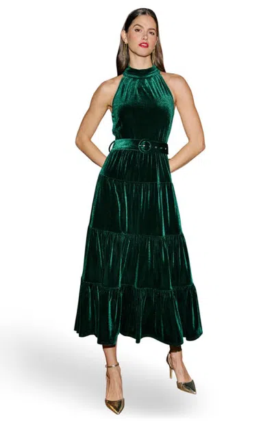 Yumi Velvet Halter Neck Belted Maxi Dress In Green