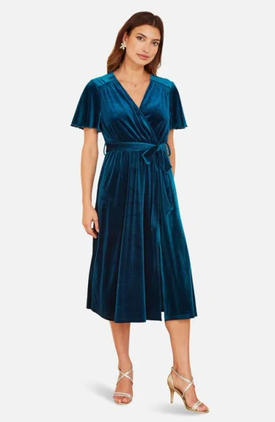 Yumi Velvet Split Hem Midi Dress In Teal