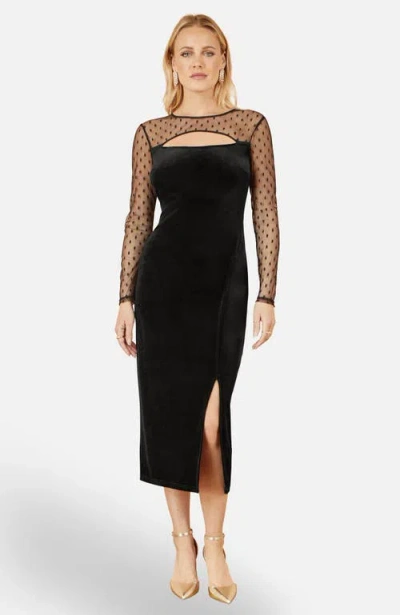 Yumi Velvet With Slash Neckline Midi Dress In Black