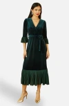 Yumi Velvet Wrap V-neck Midi Dress In Green