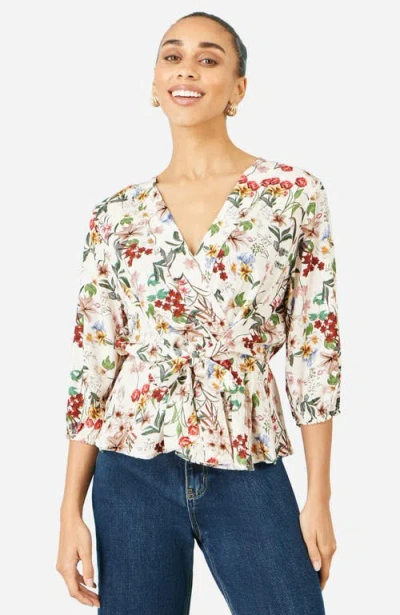 Yumi Viscose Botanical Print Wrap Top In Multi