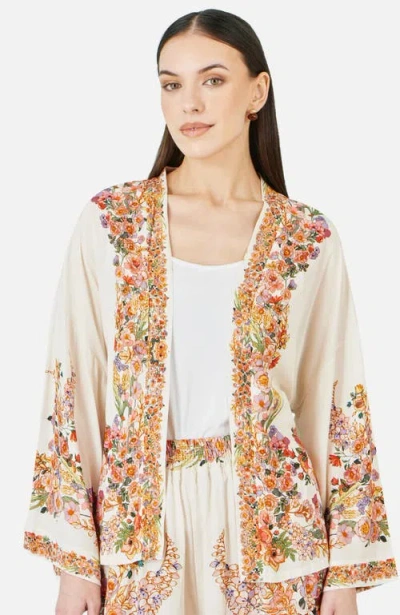 Yumi Viscose Floral Border Belted Jacket In White
