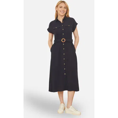 Yumi Viscose Linen Look Midi Shirt Dress In Black