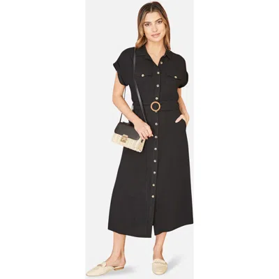Yumi Viscose Linen Look Midi Shirt Dress In Black