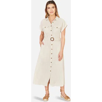 Yumi Viscose Linen Look Midi Shirt Dress In Neutral
