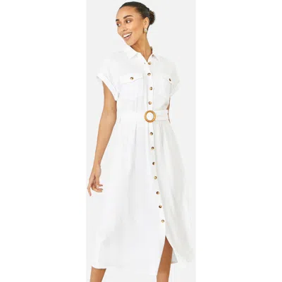 Yumi Viscose Linen Look Midi Shirt Dress In White