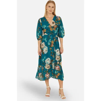 Yumi Watercolour Dip Hem Midi Wrap Dress In Blue