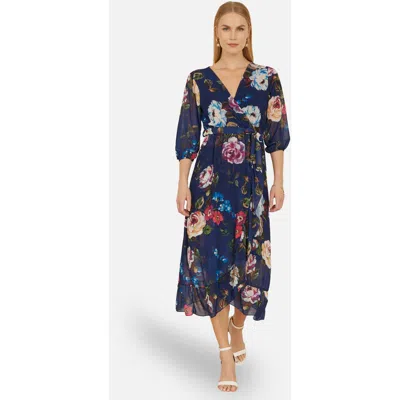 Yumi Watercolour Dip Hem Midi Wrap Dress In Blue