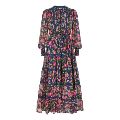 Yumi Women's Blue  Navy Blossom Print Maxi Dress With Long Sleeves & Lace Trims