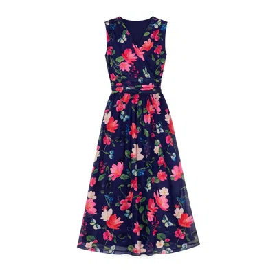Yumi Women's Blue  Navy Blurred Floral Print Mesh Stretch Midi Dress With Pockets In Multi