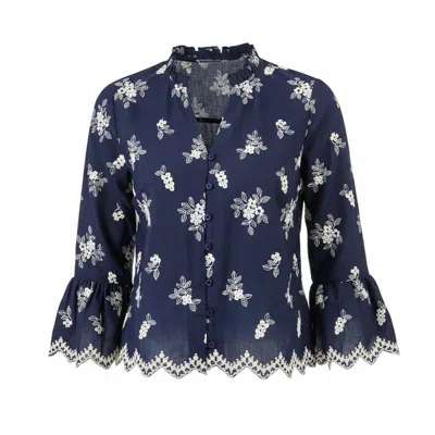 Yumi Women's Blue  Navy Broderie Shirt With Fluted Sleeves