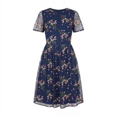 Yumi Women's Blue  Navy Embroidered Floral Mesh Prom Dress