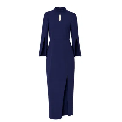 Yumi Women's Blue  Navy Fitted Midi Dress With Flute Sleeves