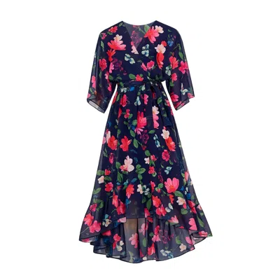 Yumi Women's Blue  Navy Floral Kimono Wrap Dress With Dip Hem In Animal Print