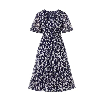 Yumi Women's Blue  Navy Floral Mesh Wrap Dress