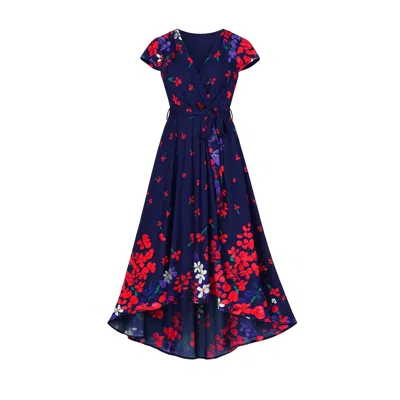 Yumi Women's Blue  Navy Floral Mirror Wrap Dress With Dip Hem In Multi
