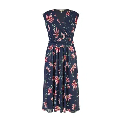 Yumi Women's Blue  Navy Floral Print Mesh Stretch Midi Dress With Pockets