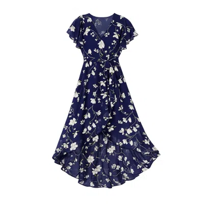 Yumi Women's Blue  Navy Floral Wrap Midi Dress With Frill Hem
