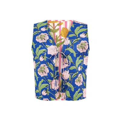 Yumi Women's Blue  Navy Flower Reversible Cotton Quilted Waistcoat