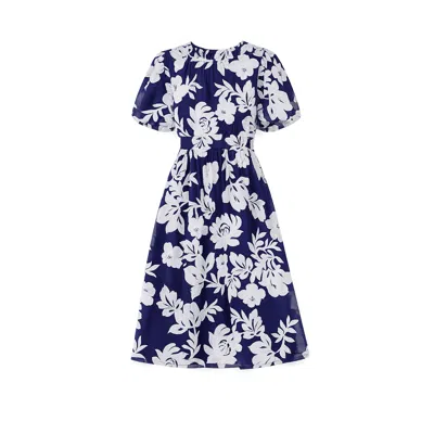 Yumi Women's Blue  Navy Flower Stretch Mesh Midi Dress With Angel Sleeves