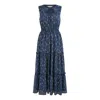 Yumi Women's Blue  Navy Foil Print Ruched Waist Midi Dress With Tie Notch Neckline