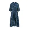 Yumi Women's Blue  Navy Foil Print Wrap Over Dip Hem Midi Dress