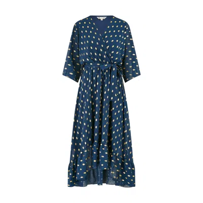 Yumi Women's Blue  Navy Foil Print Wrap Over Dip Hem Midi Dress