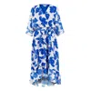 Yumi Women's Blue  Navy Kimono Sleeves Midi Dip Hem Wrap Midi Dress