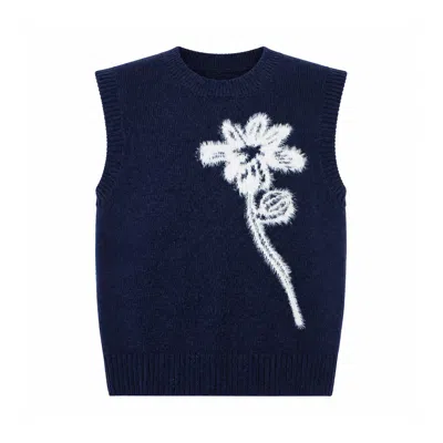 Yumi Women's Blue  Navy Knitted Flower Sleeveless Jumper Vest