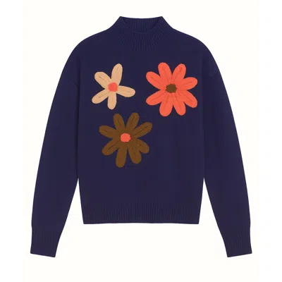 Yumi Women's Blue  Navy Knitted High Neck Jumper With Applique Flowers