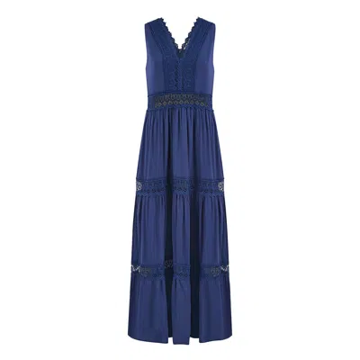 Yumi Women's Blue  Navy Lace Trim Cotton Midi Sun Dress