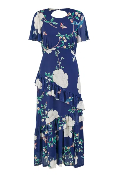 Yumi Women's Blue  Navy Mesh Bird And Floral Print Midi Dress With Ruffles