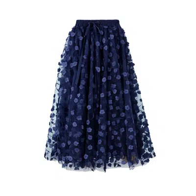 Yumi Women's Blue  Navy Mesh Floral Applique Midi Skirt