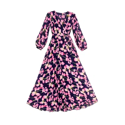 Yumi Women's Blue  Navy Orchid Floral Pleated Wrap Maxi Dress In Multi