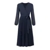 Yumi Women's Blue  Navy Pleated Wrap Midi Dress With Sheer Long Sleeves In Blue