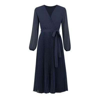 Yumi Women's Blue  Navy Pleated Wrap Midi Dress With Sheer Long Sleeves