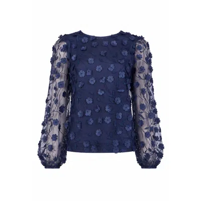 Yumi Women's Blue  Navy Sheer Sleeve Applique Flower Top