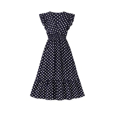 Yumi Women's Blue  Navy Spot Ruched Waist Midi Dress