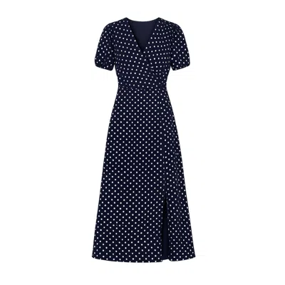 Yumi Women's Blue  Navy Spot Wrap Midi Tea Dress