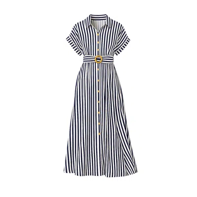 Yumi Women's Blue  Navy Stripe Print Relaxed Midi Shirt Dress With Belt In Brown