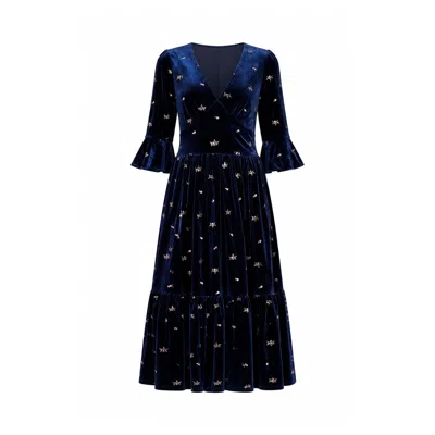 Yumi Women's Blue  Navy Velvet Embroidered Midi Dress