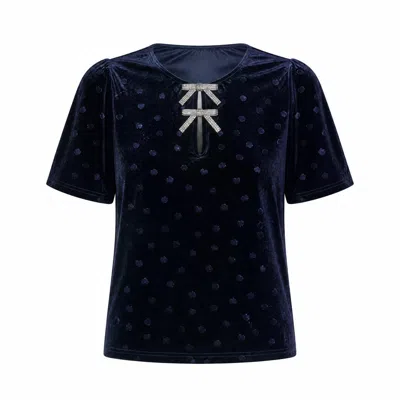 Yumi Women's Blue  Navy Velvet Heart Top With Bow Detail In Multi