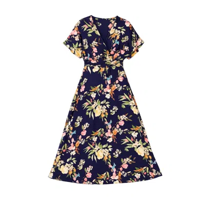 Yumi Women's Blue  Navy Viscose Floral Print Midi Dress With Ruched Waist In Multi