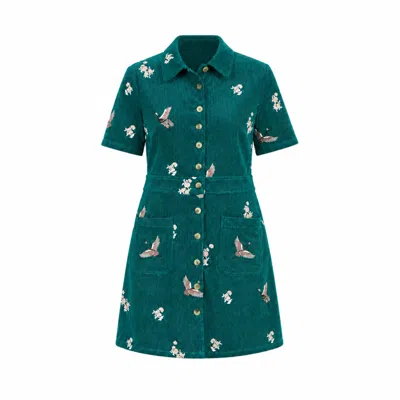 Yumi Women's Blue  Teal Crane Embroidered Shirt Dress In Green
