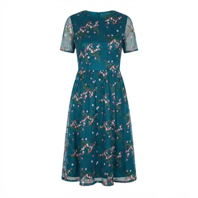Yumi Women's Blue  Teal Embroidered Floral Mesh Prom Dress