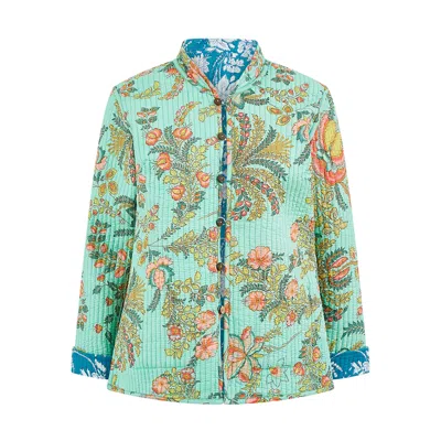 Yumi Women's Blue  Teal Floral Reversible Cotton Quilted Jacket