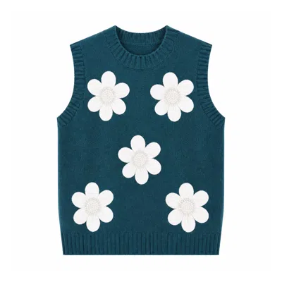 Yumi Women's Blue  Teal Flower Appliqué Knit Tank