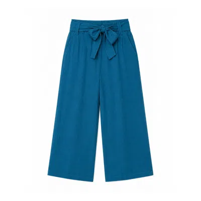 Yumi Women's Blue  Teal Linen Mix Cropped Trousers With Tie Belt