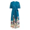Yumi Women's Blue  Teal Mesh Wrap Midi Dress With Floral Hem Border
