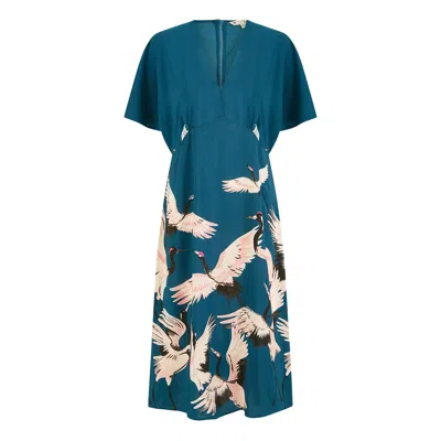 Yumi Women's Blue  Teal Recycled Fabric Crane Print Kimono Midi Dress